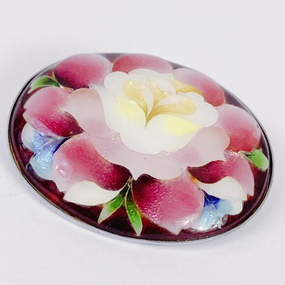 Vintage Mid Century Brooch Reverse Painted Glass Floral Oval Pin 1950s 60s - Picture 4 of 10